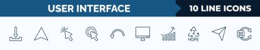 set of 10 user interface web icons in outline style. thin line icons such as download arrow, navigation arrow, mouse arrow, mouse clicker, curve arrows, display, heading up, navigation arrows vector