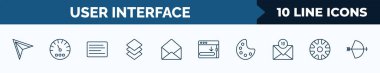set of 10 user interface web icons in outline style. thin line icons such as direct selection, indicators, left side alignment, layer button, open envelope, window scrolling right, painter palette,