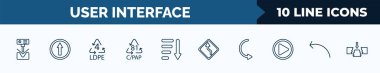 set of 10 user interface web icons in outline style. thin line icons such as bending, key up, 4 ldpe, c/pap 81, sorting, left reverse curve, curved arrows, sketched arrow vector illustration.