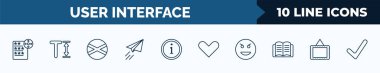 set of 10 user interface web icons in outline style. thin line icons such as film list, text height, jamaican, paper plane flying, information, hearth, evil smile, image with frame vector
