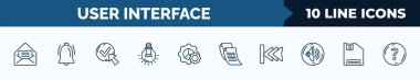 set of 10 user interface web icons in outline style. thin line icons such as open letter read email, alarm button, check box with cursor, tungsten, tings cog, written paper, backward track, floppy