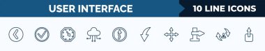 set of 10 user interface web icons in outline style. thin line icons such as round left button, right, corner widget, cloud with connection, curvy road warning, curve arrow, four expand arrows,