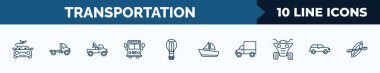 set of 10 transportation web icons in outline style. thin line icons such as hybrid car, truck, tow truck, school bus, hot air balloon, sailboat, lorry, car vector illustration.