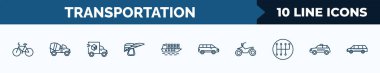 set of 10 transportation web icons in outline style. thin line icons such as bicycle, cement truck, cargo truck, hang glider, cargo ship, van, motorbike, taxi vector illustration.