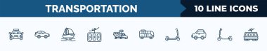 set of 10 transportation web icons in outline style. thin line icons such as sports car, sedan, catamaran, funicular railway, haul, modern bus, kick scooter, micro scooter vector illustration.