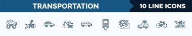 set of 10 transportation web icons in outline style. thin line icons such as monster truck, small submarine, compact car, excavators, people carrier, monorail, off road, vintage bicycle vector
