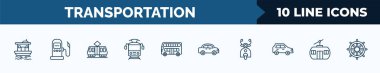 set of 10 transportation web icons in outline style. thin line icons such as houseboat, fuel dispenser, tramway, tram front view, double decker bus, automobile, scooter front view, chairlift vector