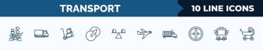 set of 10 transport web icons in outline style. thin line icons such as galleon, road sweeper, cart with boxes, transition, stability, planes, trucking, bus front with driver vector illustration.