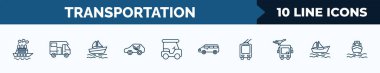 set of 10 transportation web icons in outline style. thin line icons such as icebreaker ship, camper car, pt boat, eco-friendly transport, golf cart, minivan, trolleybus, yawl vector illustration.