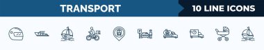 set of 10 transport web icons in outline style. thin line icons such as motorsport, yacht navigate, sailing boat with veils, delivery bike, tram stop, parking men, gas truck, babysitter vector