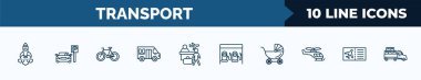 set of 10 transport web icons in outline style. thin line icons such as space rocket launch, car parking, bicycle side view, school van, airport checking, petrol station, baby trolley, plane tickets