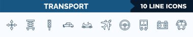 set of 10 transport web icons in outline style. thin line icons such as movement, lifter, car traffic, midget car, go kart, air transport, steering, workshop repair vector illustration.
