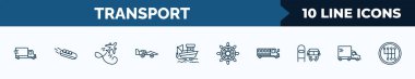 set of 10 transport web icons in outline style. thin line icons such as free transport, bobsleigh, flying airplane, formula 1, fishing boat, ship wheel, school bus empty, heavy vehicle vector