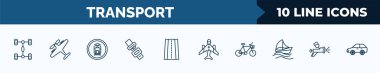 set of 10 transport web icons in outline style. thin line icons such as chassis, light aircraft, tram stop label, seatbelt, road with broken lines, airplane pointing up, bikes, car painting vector