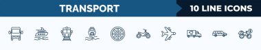 set of 10 transport web icons in outline style. thin line icons such as van front view, luxury yacht, train front view, ferry carrying cars, alloy wheel, quad bike, airplane flying, long car vector
