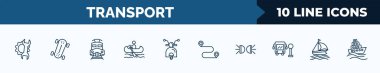 set of 10 transport web icons in outline style. thin line icons such as repair, longboard, diesel train, boating, motorbike, way, car lights, sailing boat vector illustration.
