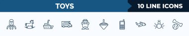 set of 10 toys web icons in outline style. thin line icons such as octopus toy, rocking horse toy, boat toy, dump truck mrs potato spinning top phone spider vector illustration.