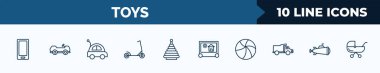 set of 10 toys web icons in outline style. thin line icons such as telephone toy, cart toy, car toy, skate pyramid etch a sketch ball submarine vector illustration.