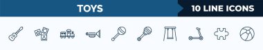 set of 10 toys web icons in outline style. thin line icons such as guitar toy, cubes toy, train toy, et rattle swing puzzle vector illustration.