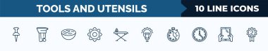 set of 10 tools and utensils web icons in outline style. thin line icons such as push pins, recycling can, water bowl, tings gears, iron table, incandescent, minute, tablet with hand vector
