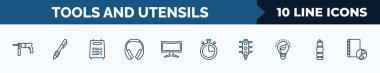 set of 10 tools and utensils web icons in outline style. thin line icons such as hammer drill, writing tools, daily specials board, headphone variant, screen in black, stopwatch, semaphore lights,