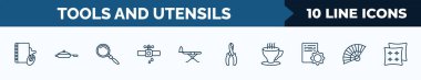 set of 10 tools and utensils web icons in outline style. thin line icons such as book with mouse, kitchen utensils, searching tool, pipe losing water, iron board, wire cutter, cup of tea, tessen fan