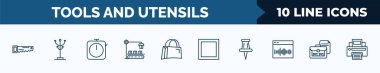 set of 10 tools and utensils web icons in outline style. thin line icons such as carpentry, clothes rack, timer round clock, packing hine, bag with big handle, basic square, school push pin,