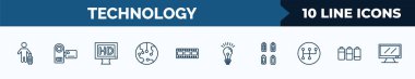 set of 10 technology web icons in outline style. thin line icons such as touristic, little camcorder, hd monitor, transistor, horizontal film strip, light bulb idea, battery status, battery levels