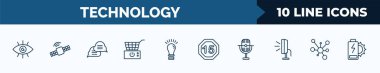set of 10 technology web icons in outline style. thin line icons such as black eye, satellite connection, interaction, fryer, ideas, digital number 15, retro microphone, conection vector