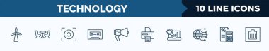 set of 10 technology web icons in outline style. thin line icons such as eolic, chairs, center focus, caste tape, modern horn, paper printer, analysis process, calculations vector illustration.