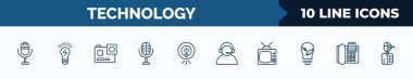 set of 10 technology web icons in outline style. thin line icons such as microphone voice, electric light bulb,  , big old microphone, robot vacuum, telemarketing, old television, fax phone vector