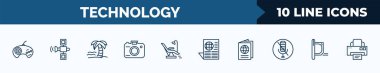 set of 10 technology web icons in outline style. thin line icons such as sega gamepad, space satellite, holiday, digital photo camera, operating table, worlwide news, international passport,