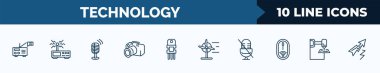 set of 10 technology web icons in outline style. thin line icons such as radio and messages, wireless transmitter, vintage mic, cam with big len, resistor, wind power, microphone mute, 3d printers