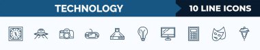 set of 10 technology web icons in outline style. thin line icons such as kitchen timer, science fiction, reflex photo camera, gamepad with cable, hood, bulb, computer screen linux, theater vector