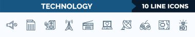 set of 10 technology web icons in outline style. thin line icons such as no audio, spreadsheet, entertainer, frequency antenna, printer tool, laptop with a heart, dish, circuit board vector