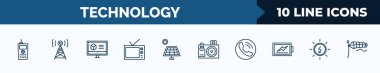 set of 10 technology web icons in outline style. thin line icons such as big walkie talkie, media, 3d printing software, old tv, frontal solar panel, camera front view, reciever, sun energy vector