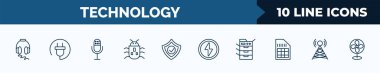 set of 10 technology web icons in outline style. thin line icons such as big headphones, basic plug, big microphone, robot insect, safe shield protection, green flash, photocopier, cell tower vector
