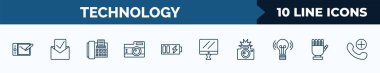 set of 10 technology web icons in outline style. thin line icons such as drawing tablet, received, telephone with fax, vintage digital camera, battery power, simple screen, camera flash, robotic