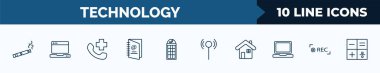 set of 10 technology web icons in outline style. thin line icons such as electronic cigarette, open laptop, hospital phone, email agenda, phone box, antenna, domestic, recording vector illustration.