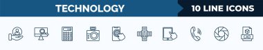 set of 10 technology web icons in outline style. thin line icons such as client, digitate, basic calculator, retro squared camera, touchscreen, naensor, tablet with picture, camera shutter vector