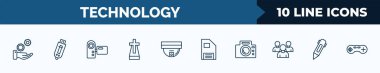 set of 10 technology web icons in outline style. thin line icons such as services, inclined pendrive, video camera front view, cross stuck in ground, security cam, big floppy disk, photograph