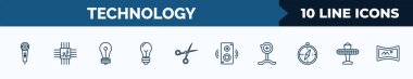 set of 10 technology web icons in outline style. thin line icons such as basic microphone, big chip, light bulb turned off, big light bulb, hairdressing tools, sound box, pitching hine, solar plane