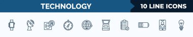set of 10 technology web icons in outline style. thin line icons such as smart watch, satellite station, electric socket on fire, stopwatch running, satellite in orbit, scanner with cover, summary,