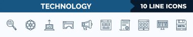 set of 10 technology web icons in outline style. thin line icons such as search engine marketing, multichannel marketing, growth hacking, website optimization, call to action, user interface,
