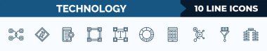set of 10 technology web icons in outline style. thin line icons such as data modelling, version control, hybrid app,  , text editor, colory theory, native apps, conversion vector illustration.