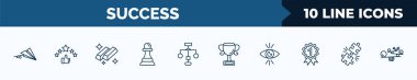 set of 10 success web icons in outline style. thin line icons such as paper plane, rate, gold ingots, pawn, flowchart, cup, vision, puzzle vector illustration.