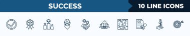 set of 10 success web icons in outline style. thin line icons such as success, quality, pedestal, passion, cooperation, leader, maze, investment vector illustration.