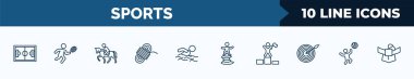set of 10 sports web icons in outline style. thin line icons such as football pitch, man playing badminton, horseback, climbing with rope, swimming man, man balancing, number one athlete, playing
