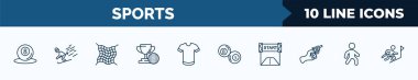 set of 10 sports web icons in outline style. thin line icons such as pool ball, skiing, fishing net, golf champion, short sleeves, ball pool, starting line, pedestrian walking vector illustration.