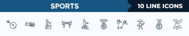 set of 10 sports web icons in outline style. thin line icons such as ball arrow, running a race, exercise gym, two judo fighters, surf sea, champion, ski poles, medal with number 1 vector